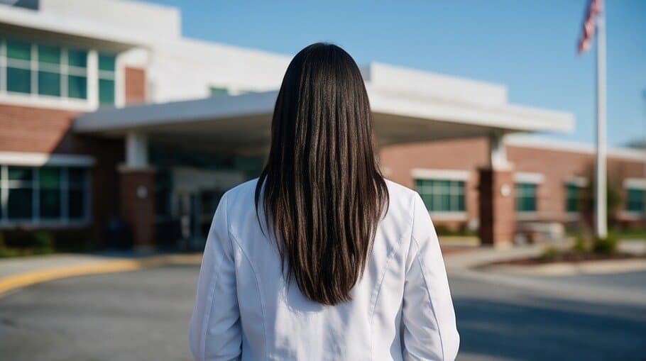 Doctor in a white coat in front of a US hospital